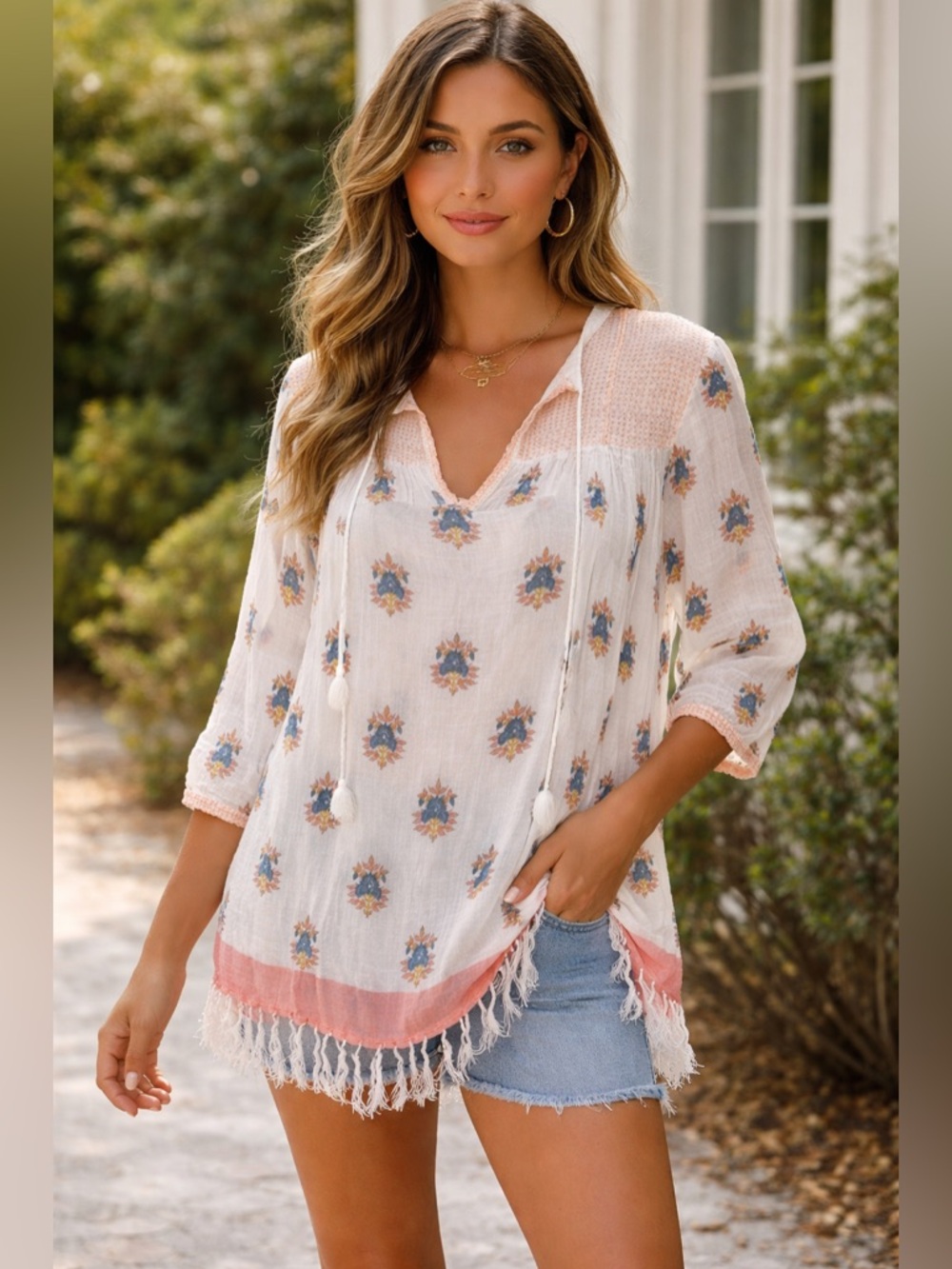 Roberta Roller Rabbit‎ Cotton Fringe Floral Tunic Kurta Top Boho CoverUp